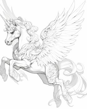 Coloring book for kids, animal coloring, pegasus, unicorn. Selective focus.