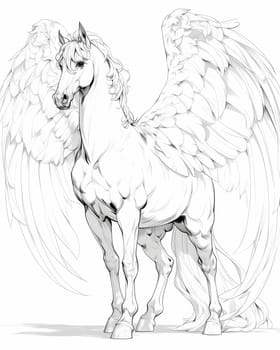 Coloring book for kids, animal coloring, pegasus, unicorn. Selective focus.