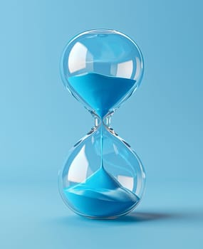 Hourglass showing time on a blue background. Selective focus.