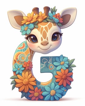 Illustration of a giraffe and the letter "U", learning the alphabet. Selective focus.