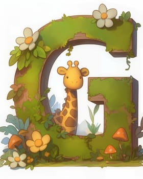 Illustration of a giraffe and the letter "U", learning the alphabet. Selective focus.