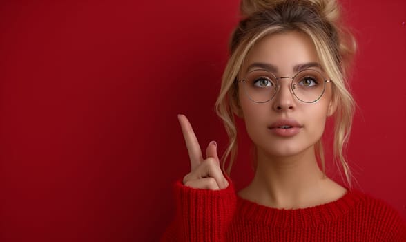 A woman points on a red background. Selective focus.