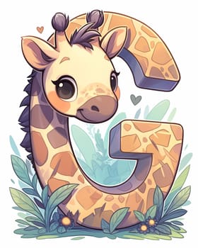 Illustration of a giraffe and the letter "U", learning the alphabet. Selective focus.