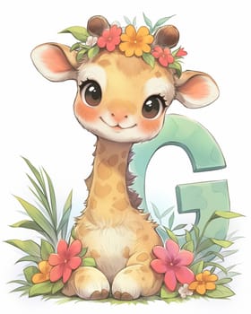 Illustration of a giraffe and the letter "U", learning the alphabet. Selective focus.