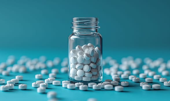White pills in a glass jar on a blue background. Selective focus.