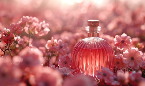 Elegant perfume bottle among flowers in retro style. Selective focus.