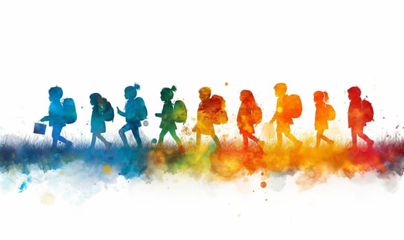 Watercolor illustration, children walking on a white background. Selective soft focus.