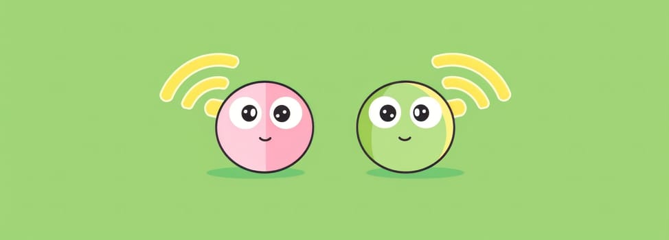 Cheerful easter eggs with colorful faces on green and pink backgrounds for holiday celebrations