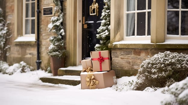 Christmas gifts delivery, postal service and holiday presents online shopping, wrapped parcel boxes on a country house doorstep in a snowing winter, post-processed, generative ai