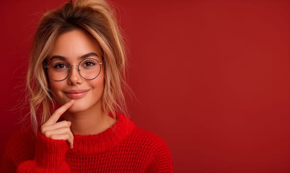 A woman points on a red background. Selective focus.