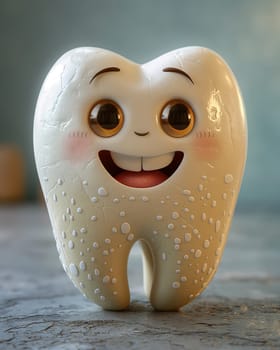 3D, cartoon emotional tooth on the table. Selective focus