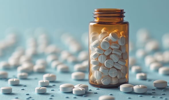 White pills in a glass jar on a blue background. Selective focus.