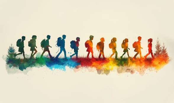 Watercolor illustration, children walking on a white background. Selective soft focus.