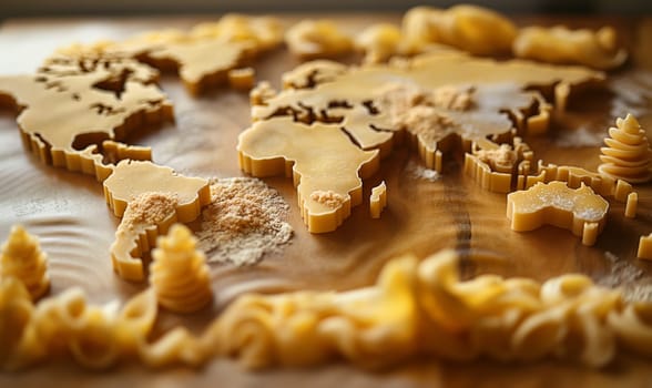 World map made from pasta. Selective focus.