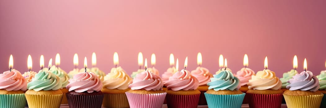 Colorful cupcakes with lit candles are displayed against a pink background, indicating an indoor celebration event marking of joy and celebrating. with free space.