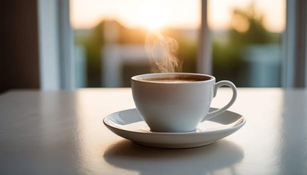 Morning Coffee: A white cup filled with steaming coffee rests on a clean white table, casting a subtle shadow. creating a serene morning scene