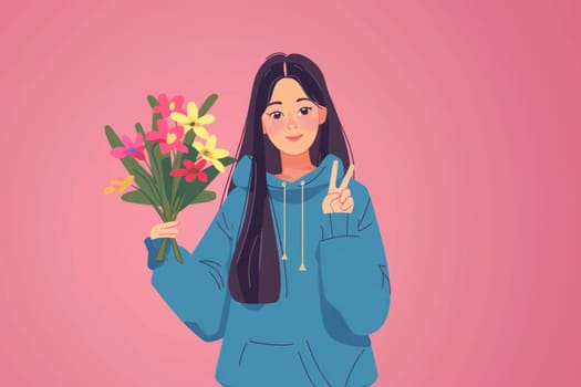 Girl holding bouquet of flowers and making peace sign in serene beauty of nature scene