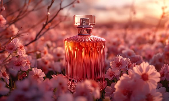 Elegant perfume bottle among flowers in retro style. Selective focus.