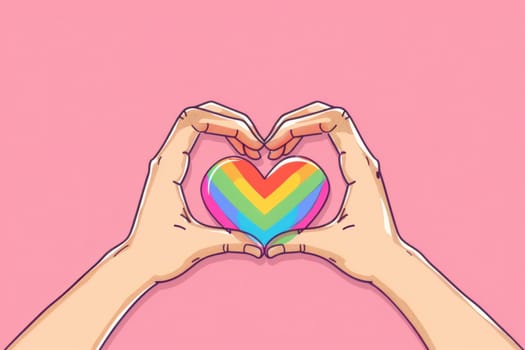 Rainbow heart illustration with hands forming heart shape on pink background for love and peace concept