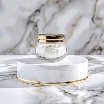 Face cream in a glass jar on a white and gold background. Skin care concept. Backdrop for beauty cosmetic products