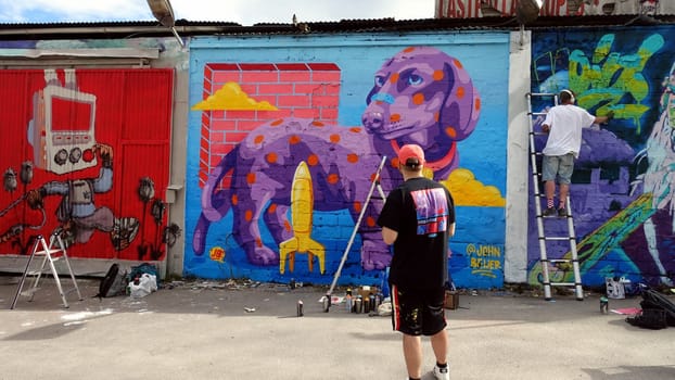 Stockholm, Snosatra, Sweden. May 12 2024. Spring beast. Graffiti exhibition on the outskirts of the city. Making.