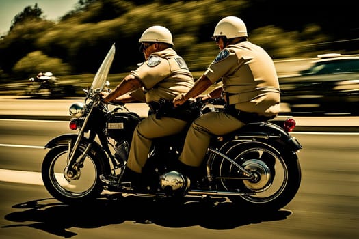 veteran chips police patrol on motorbikes riding steampunk bikes funny postcards generative ai art