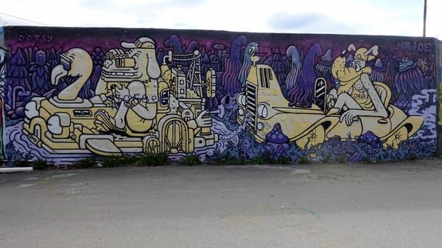 Stockholm, Snosatra, Sweden. May 12 2024. Spring beast. Graffiti exhibition on the outskirts of the city. Anthropomorphic.