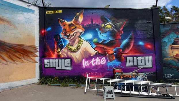 Stockholm, Snosatra, Sweden. May 12 2024. Spring beast. Graffiti exhibition on the outskirts of the city. The fox.