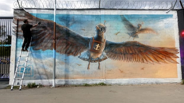 Stockholm, Snosatra, Sweden. May 12 2024. Spring beast. Graffiti exhibition on the outskirts of the city. Bird.