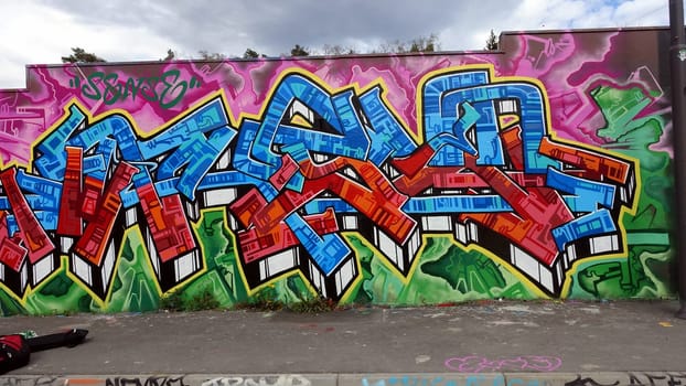 Stockholm, Snosatra, Sweden. May 12 2024. Spring beast. Graffiti exhibition on the outskirts of the city. Sidewalk.