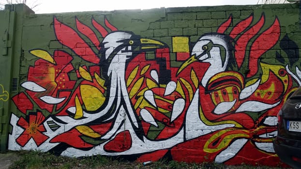 Stockholm, Snosatra, Sweden. May 12 2024. Spring beast. Graffiti exhibition on the outskirts of the city. Birds.