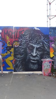 Stockholm, Snosatra, Sweden. May 12 2024. Spring beast. Graffiti exhibition on the outskirts of the city. Jesus.