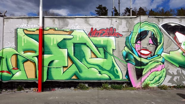 Stockholm, Snosatra, Sweden. May 12 2024. Spring beast. Graffiti exhibition on the outskirts of the city. Green.