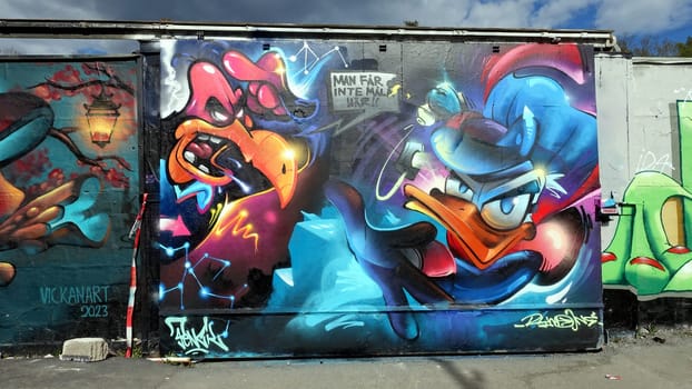 Stockholm, Snosatra, Sweden. May 12 2024. Spring beast. Graffiti exhibition on the outskirts of the city. Duck.