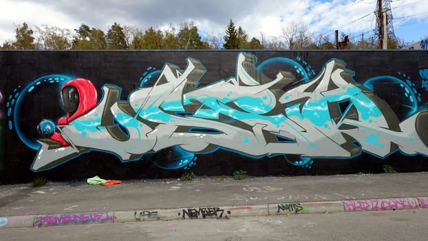 Stockholm, Snosatra, Sweden. May 12 2024. Spring beast. Graffiti exhibition on the outskirts of the city. Sidewalk.