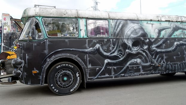 Stockholm, Snosatra, Sweden. May 12 2024. Spring beast. Graffiti exhibition on the outskirts of the city. Bus.