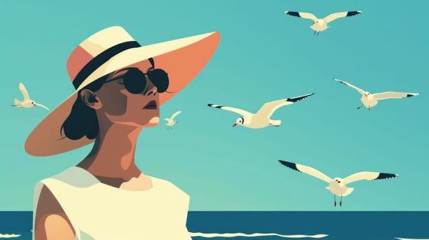 Woman in hat and sunglasses standing on beach with seagulls flying around her, enjoying travel and beauty of nature