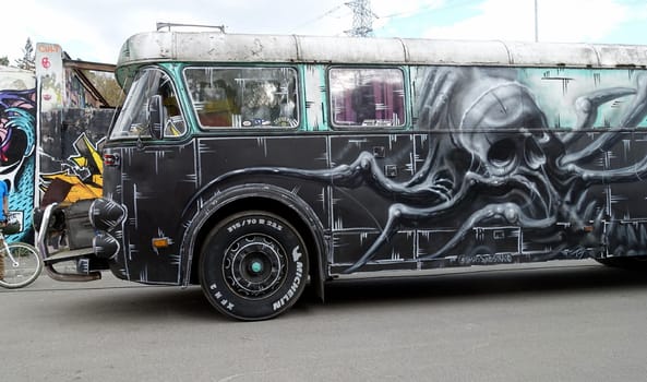 Stockholm, Snosatra, Sweden. May 12 2024. Spring beast. Graffiti exhibition on the outskirts of the city. Bus.