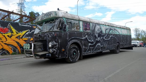 Stockholm, Snosatra, Sweden. May 12 2024. Spring beast. Graffiti exhibition on the outskirts of the city. Bus.