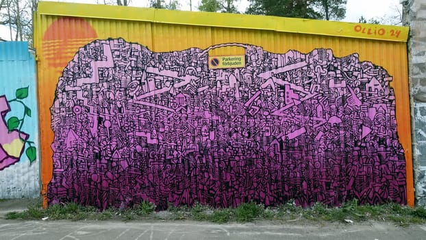 Stockholm, Snosatra, Sweden. May 12 2024. Spring beast. Graffiti exhibition on the outskirts of the city. No parking.