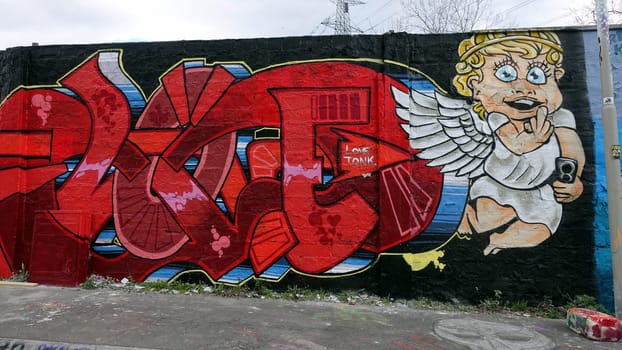 Stockholm, Snosatra, Sweden. May 12 2024. Spring beast. Graffiti exhibition on the outskirts of the city. Angel.