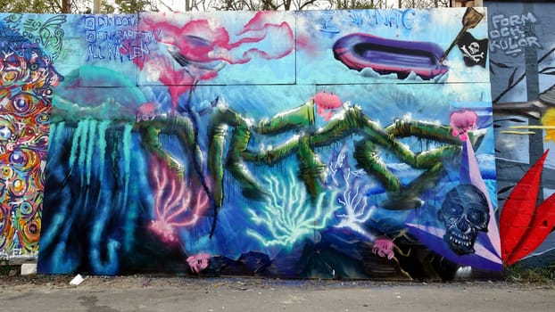 Stockholm, Snosatra, Sweden. May 12 2024. Spring beast. Graffiti exhibition on the outskirts of the city. Seabed.