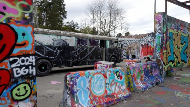 Stockholm, Snosatra, Sweden. May 12 2024. Spring beast. Graffiti exhibition on the outskirts of the city. Bus.