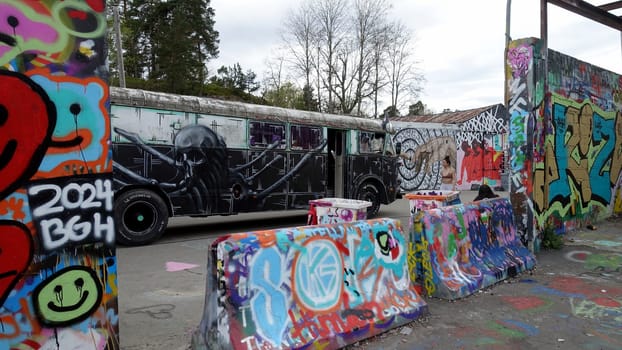 Stockholm, Snosatra, Sweden. May 12 2024. Spring beast. Graffiti exhibition on the outskirts of the city. Bus.