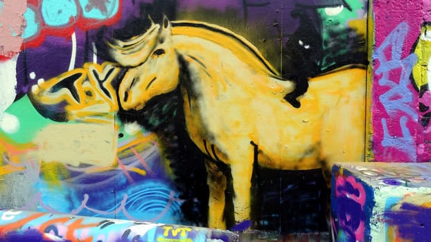 Stockholm, Snosatra, Sweden. May 12 2024. Spring beast. Graffiti exhibition on the outskirts of the city. Horse.