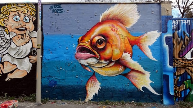 Stockholm, Snosatra, Sweden. May 12 2024. Spring beast. Graffiti exhibition on the outskirts of the city. Fish.