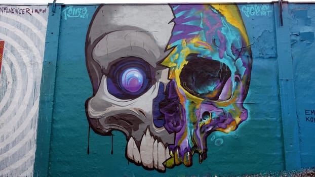 Stockholm, Snosatra, Sweden. May 12 2024. Spring beast. Graffiti exhibition on the outskirts of the city. Skull.