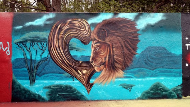 Stockholm, Snosatra, Sweden. May 12 2024. Spring beast. Graffiti exhibition on the outskirts of the city. Lion.