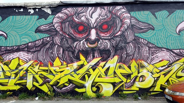 Stockholm, Snosatra, Sweden. May 12 2024. Spring beast. Graffiti exhibition on the outskirts of the city. Monster.