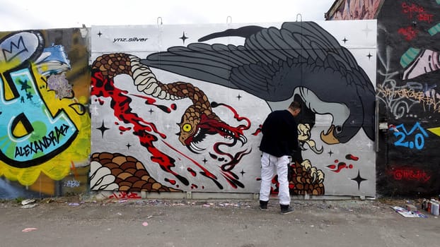 Stockholm, Snosatra, Sweden. May 12 2024. Spring beast. Graffiti exhibition on the outskirts of the city. Eagle.
